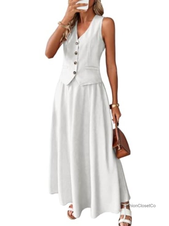 Other - Linen Blend 2 Piece Vest Top & Flowy Maxi Skirt Set Summer Outfit